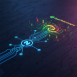 Neon, futuristic circuit board with interconnected blue pathways and a multicolored glowing spiral at the center, suggesting advanced technology.