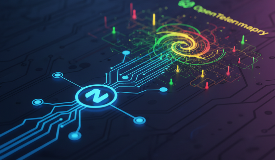 Neon, futuristic circuit board with interconnected blue pathways and a multicolored glowing spiral at the center, suggesting advanced technology.