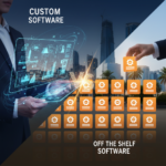 Split-image hero showing 'Custom Software' on the left with a holographic tablet, and orange 'Off the Shelf Software' tiles on the right over a city backdrop.