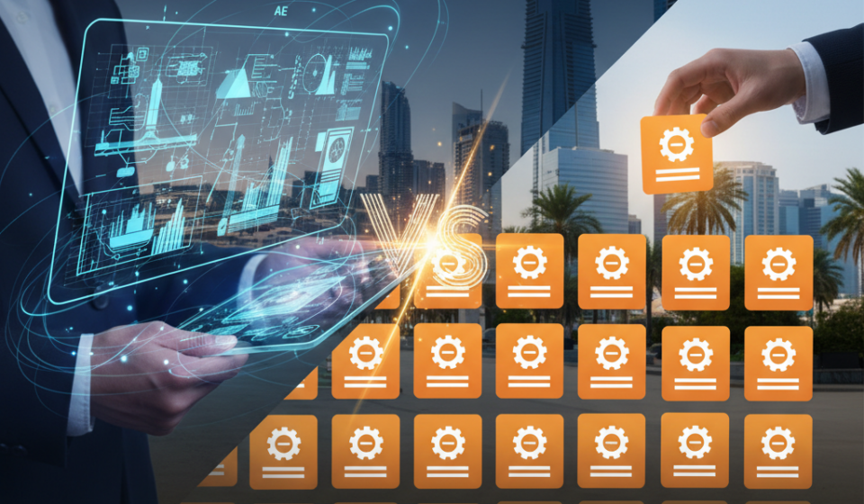 Split-image hero showing 'Custom Software' on the left with a holographic tablet, and orange 'Off the Shelf Software' tiles on the right over a city backdrop.
