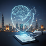 Futuristic holographic brain inside a shield above a city skyline, with a robotic hand touching an insurance document on a tablet.