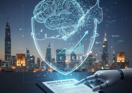 Futuristic holographic brain inside a shield above a city skyline, with a robotic hand touching an insurance document on a tablet.