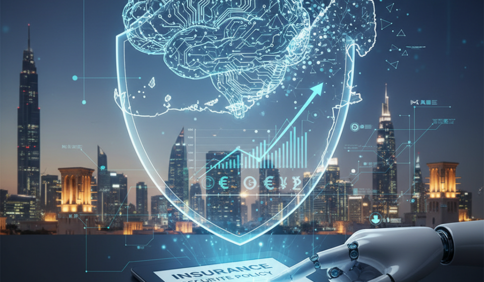 Futuristic holographic brain inside a shield above a city skyline, with a robotic hand touching an insurance document on a tablet.