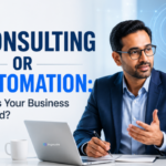Promotional hero: a man in a blue suit at a desk with a laptop, discussing AI consulting vs AI automation for a business article.