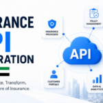 UAE insurance API integration concept: blue API cloud connected to insurers, policy management, claims processing, customer portals, and analytics.