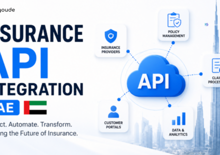 UAE insurance API integration concept: blue API cloud connected to insurers, policy management, claims processing, customer portals, and analytics.